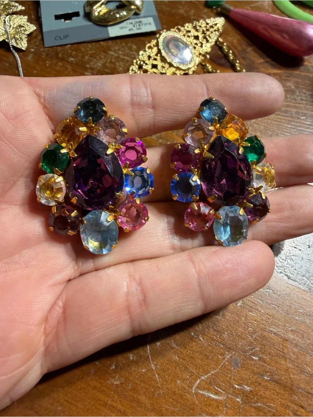 Vintage Gold tone Multicolor Crystals Clip On Earrings